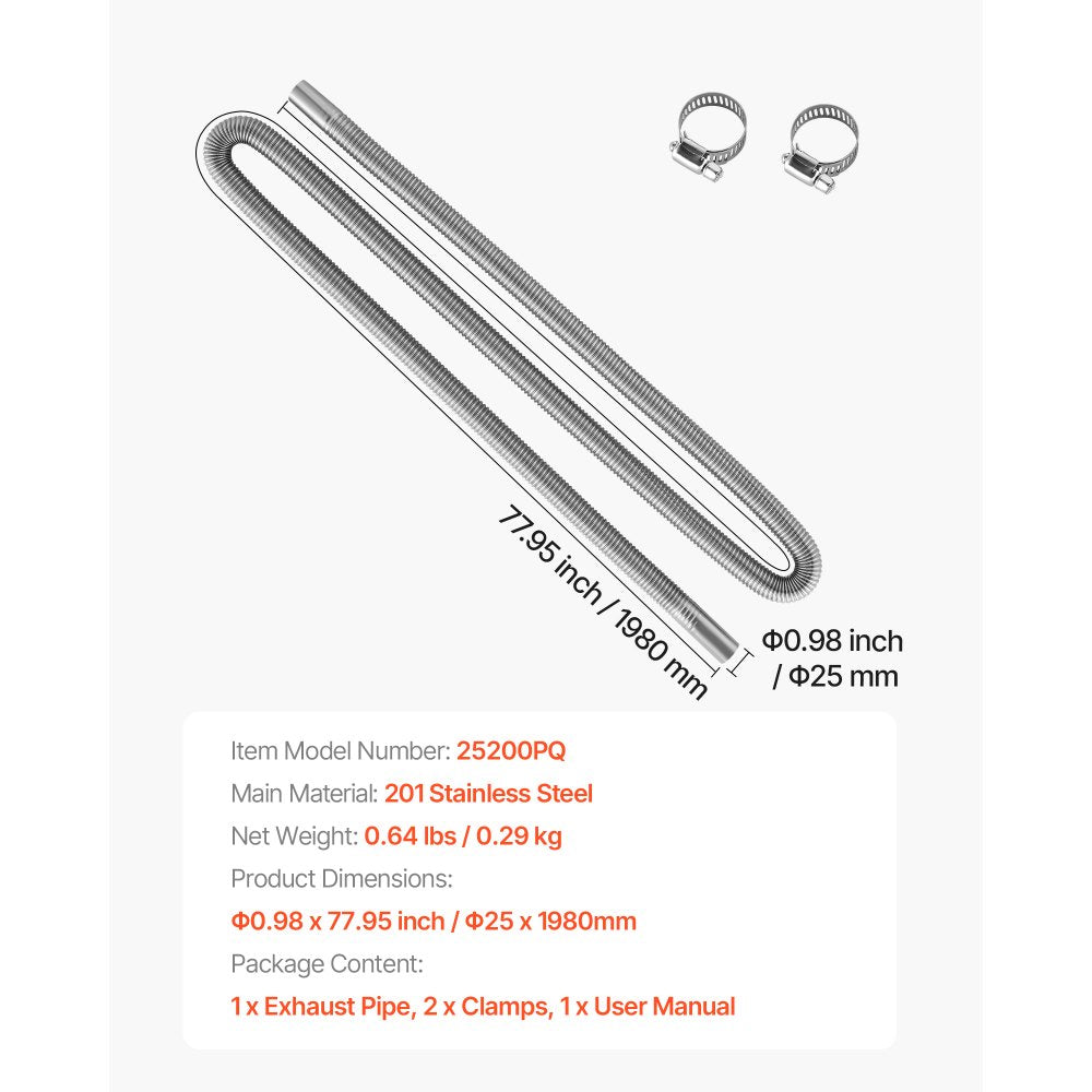 Exhaust Hose, 1980mm Stainless Steel Exhausts Hose, Diesel Heater Flexible Exhaust Pipe with 2 Hose Clamps, Exhausts Hoses Kit Diesel Heater Accessories for 2KW 5KW 8KW Diesels Heaters