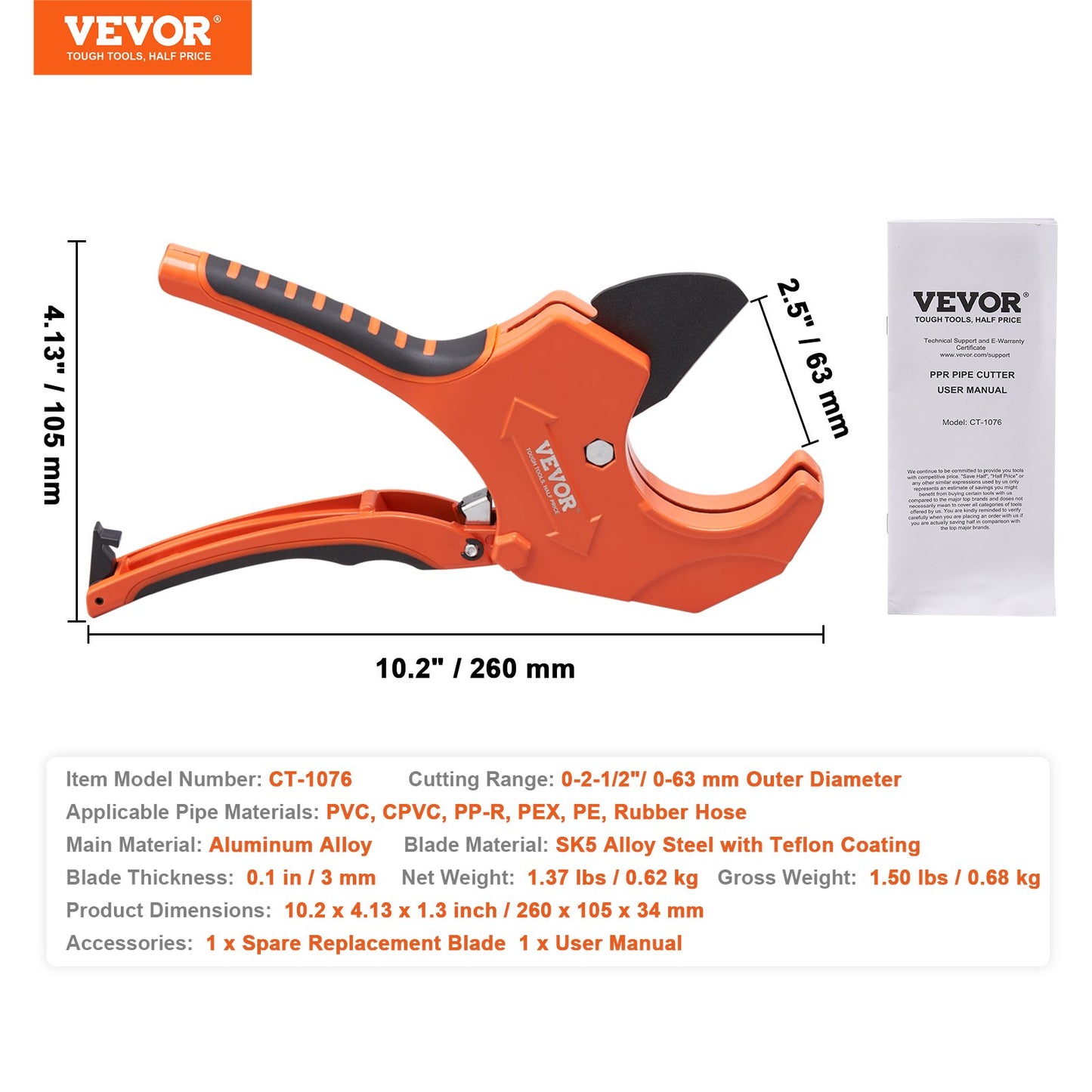 VEVOR PVC Pipe Cutter, 0-2-1/2" O.D. Ratcheting PVC Pipe Cutter, Heavy Duty Tube
