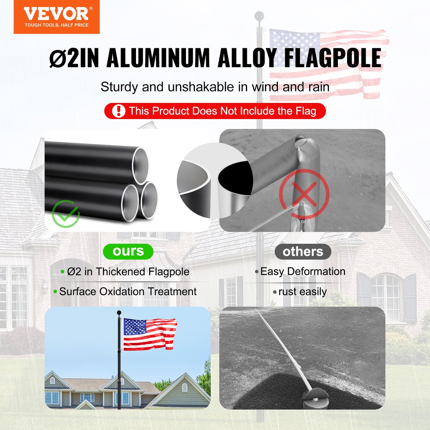 VEVOR 20FT Telescopic Flagpole Kit, Heavy Duty Aluminum Alloy Flag Pole Kit in Ground