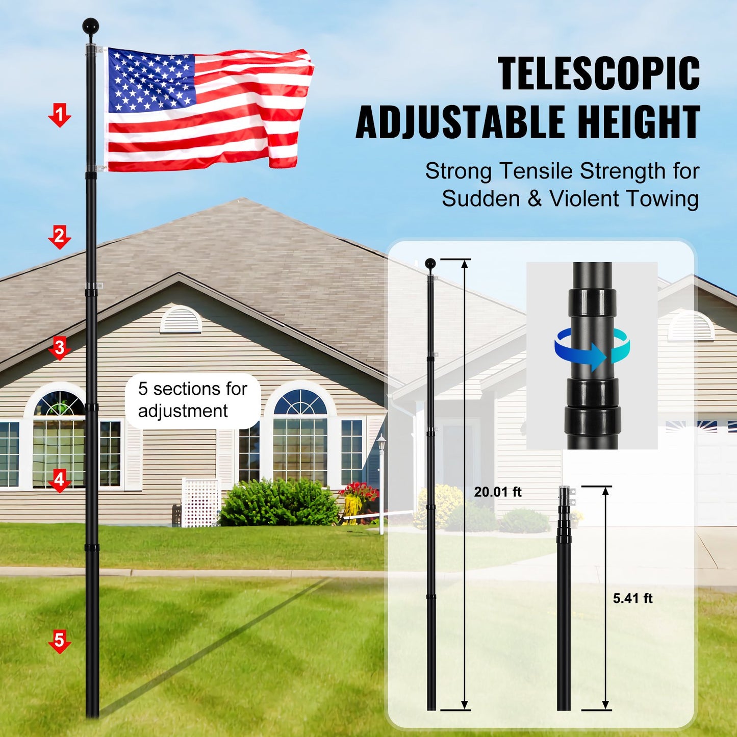 VEVOR 20FT Telescopic Flagpole Kit, Heavy Duty Aluminum Alloy Flag Pole Kit in Ground