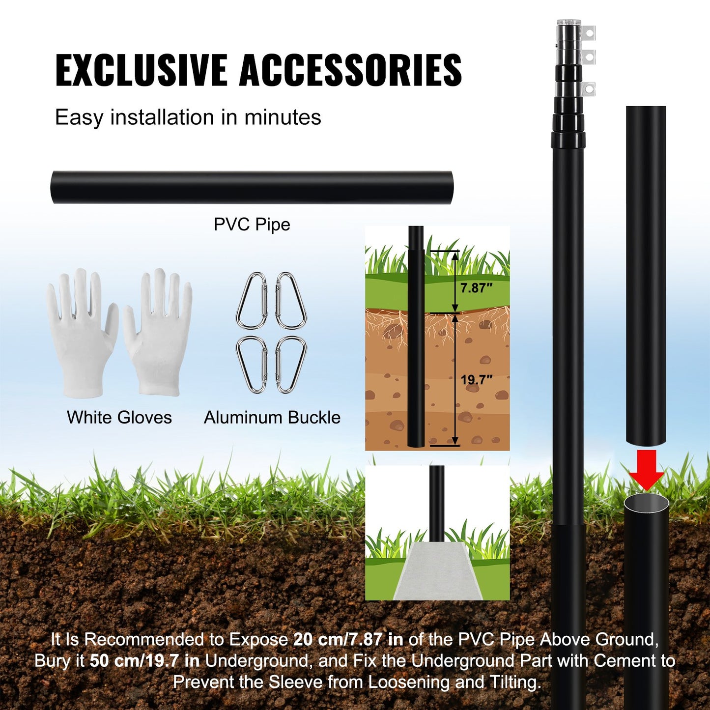 VEVOR 20FT Telescopic Flagpole Kit, Heavy Duty Aluminum Alloy Flag Pole Kit in Ground