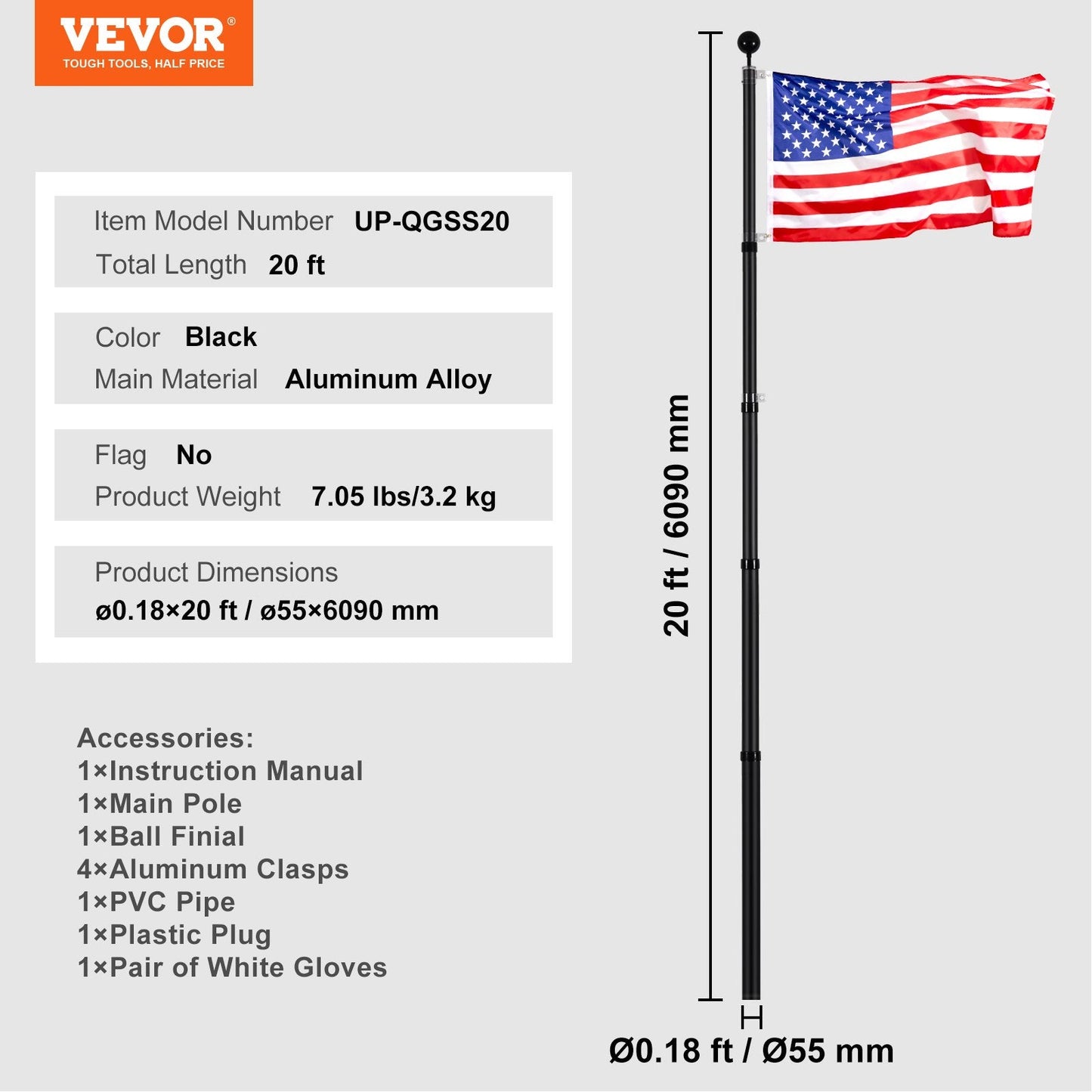 20m Telescopic Flagpole Kit - Heavy Duty Aluminum, Black, with Accessories