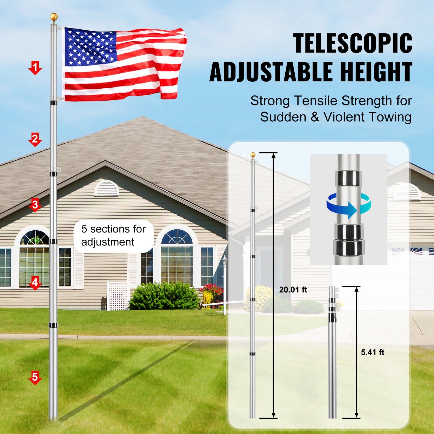 VEVOR 20FT Telescopic Flagpole Kit, Heavy Duty Aluminum Alloy Flag Pole Kit in Ground