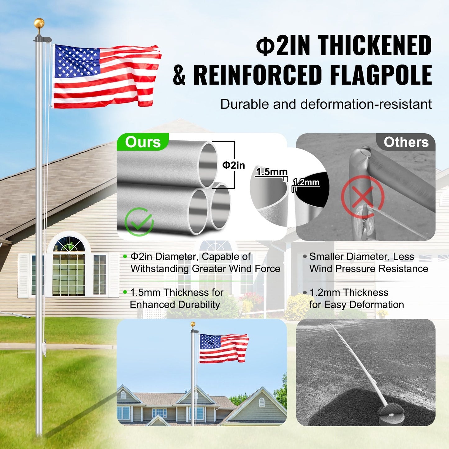 25m Detachable Heavy Duty Aluminum Flagpole Kit, Silver, Easy Installation