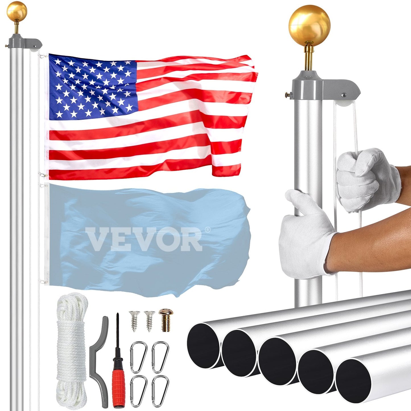 25m Detachable Heavy Duty Aluminum Flagpole Kit, Silver, Easy Installation