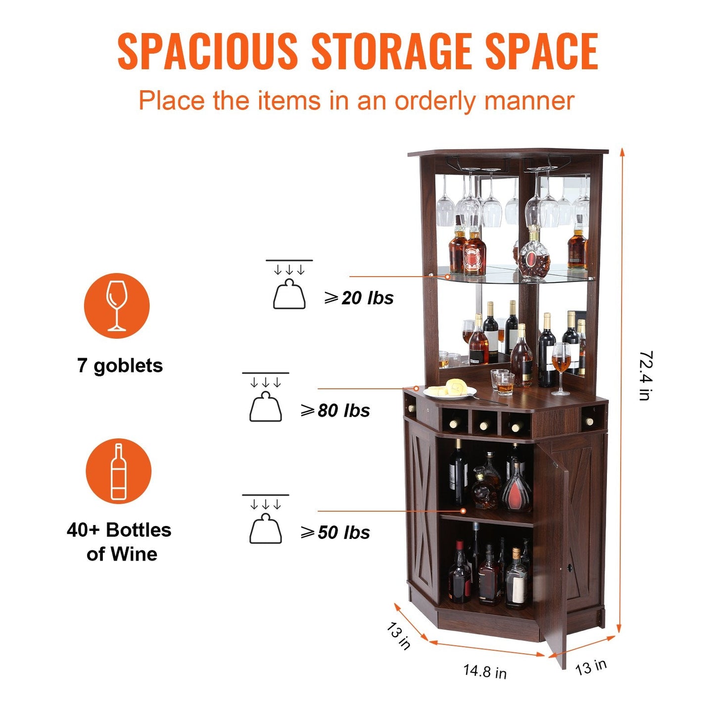 Corner Bar Cabinet with Glass Holder, Adjustable Shelf, Farmhouse Style, Brown