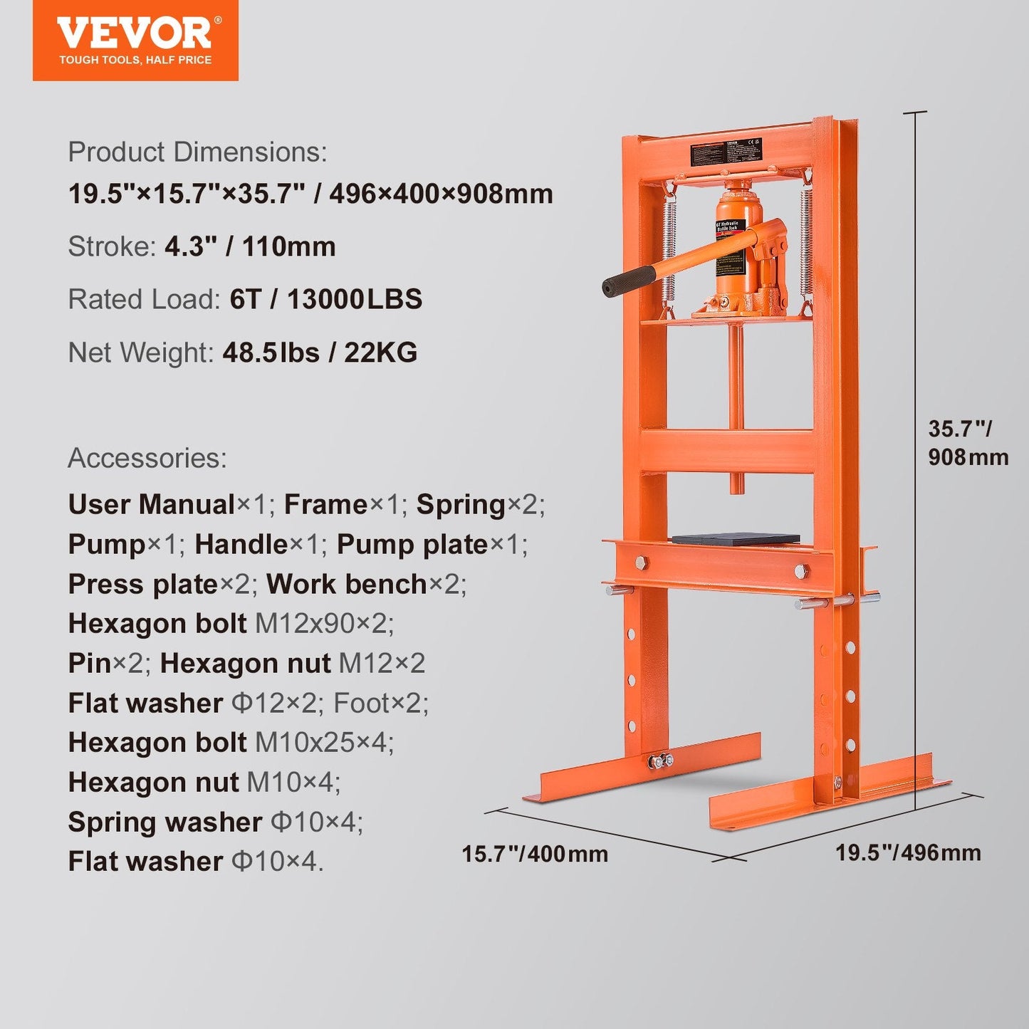 6-Ton Hydraulic Benchtop Press with Plates, H-Frame Steel Stand