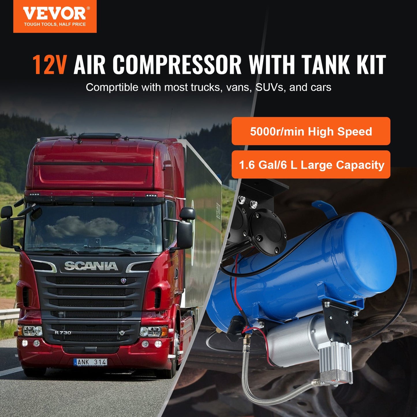 VEVOR 12V Air Compressor with Tank 1.6 Gallon/6 L, Train Horn Air Compressor, 120