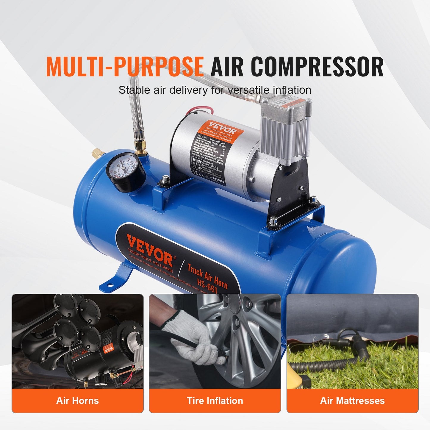 VEVOR 12V Air Compressor with Tank 1.6 Gallon/6 L, Train Horn Air Compressor, 120