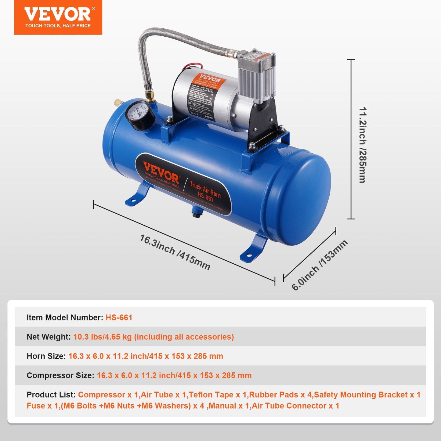 12V Air Compressor with 6L Tank, 120 psi for Train Horns & Tires, 4.65 kg