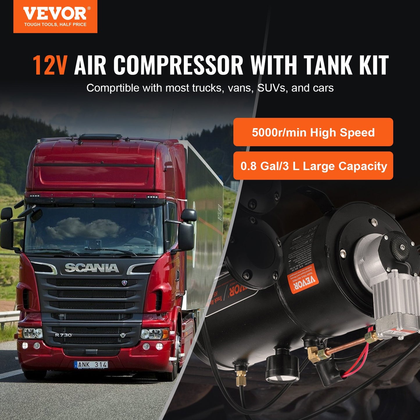 VEVOR 12V Air Compressor with Tank 0.8 Gallon/3 L, Train Horn Air Compressor, 120