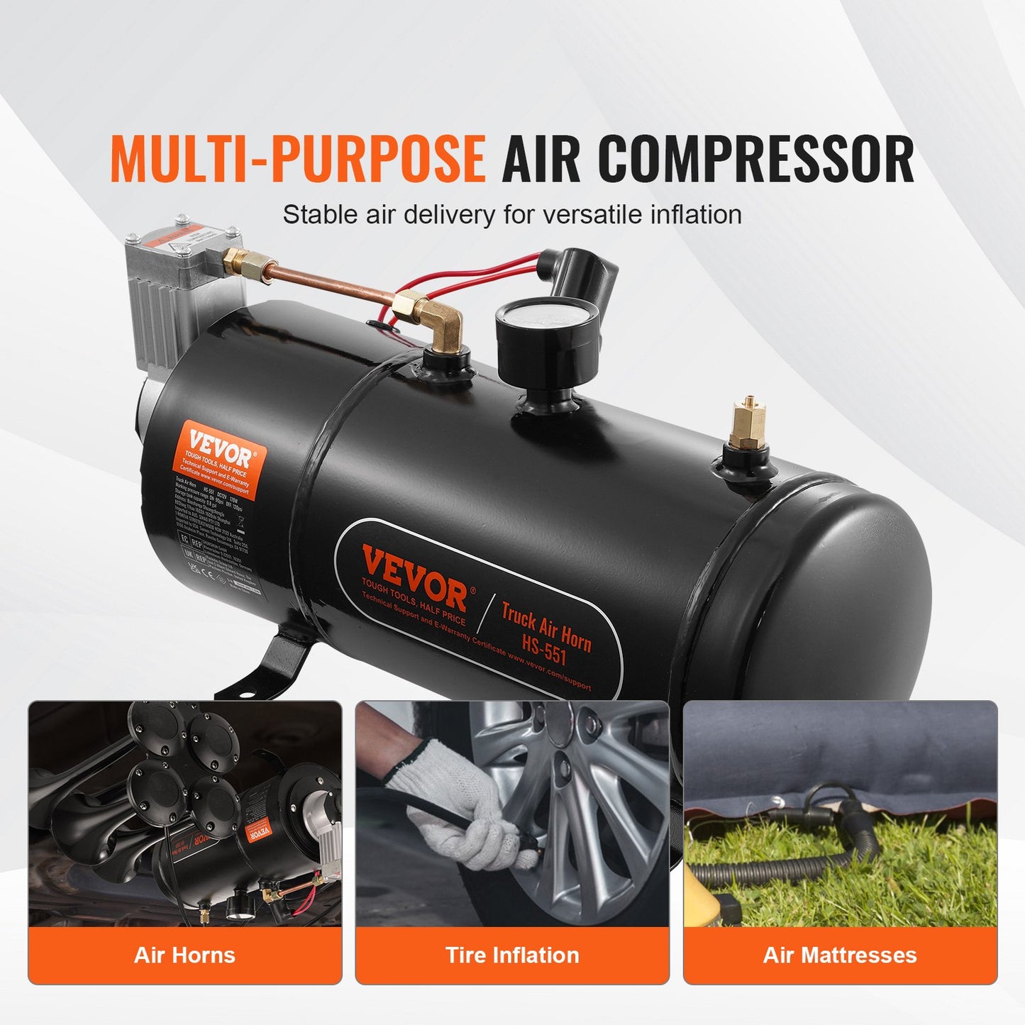 VEVOR 12V Air Compressor with Tank 0.8 Gallon/3 L, Train Horn Air Compressor, 120