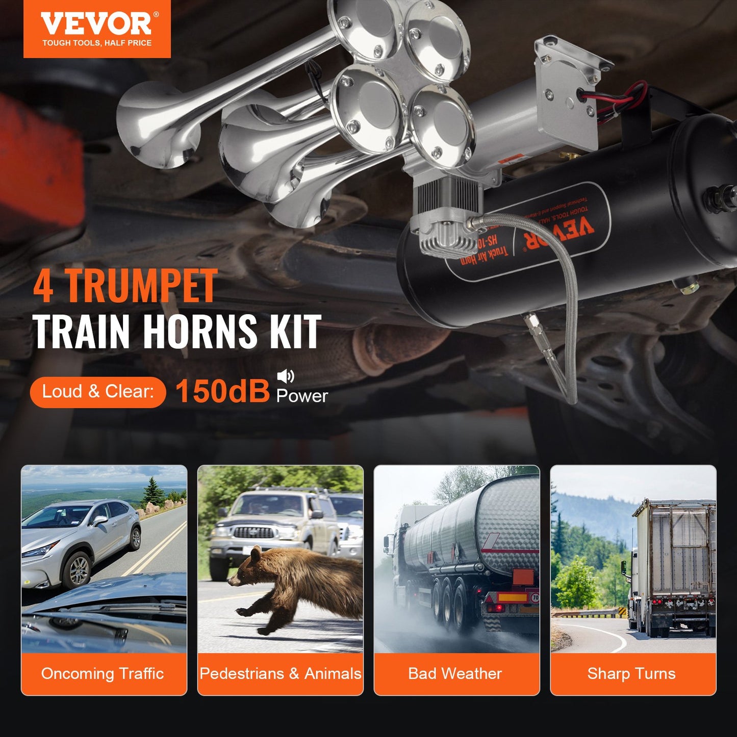 VEVOR Train Horns Kit, 4 Trumpet Air Horn Kit, 150dB Train Horns for Pickup Trucks,