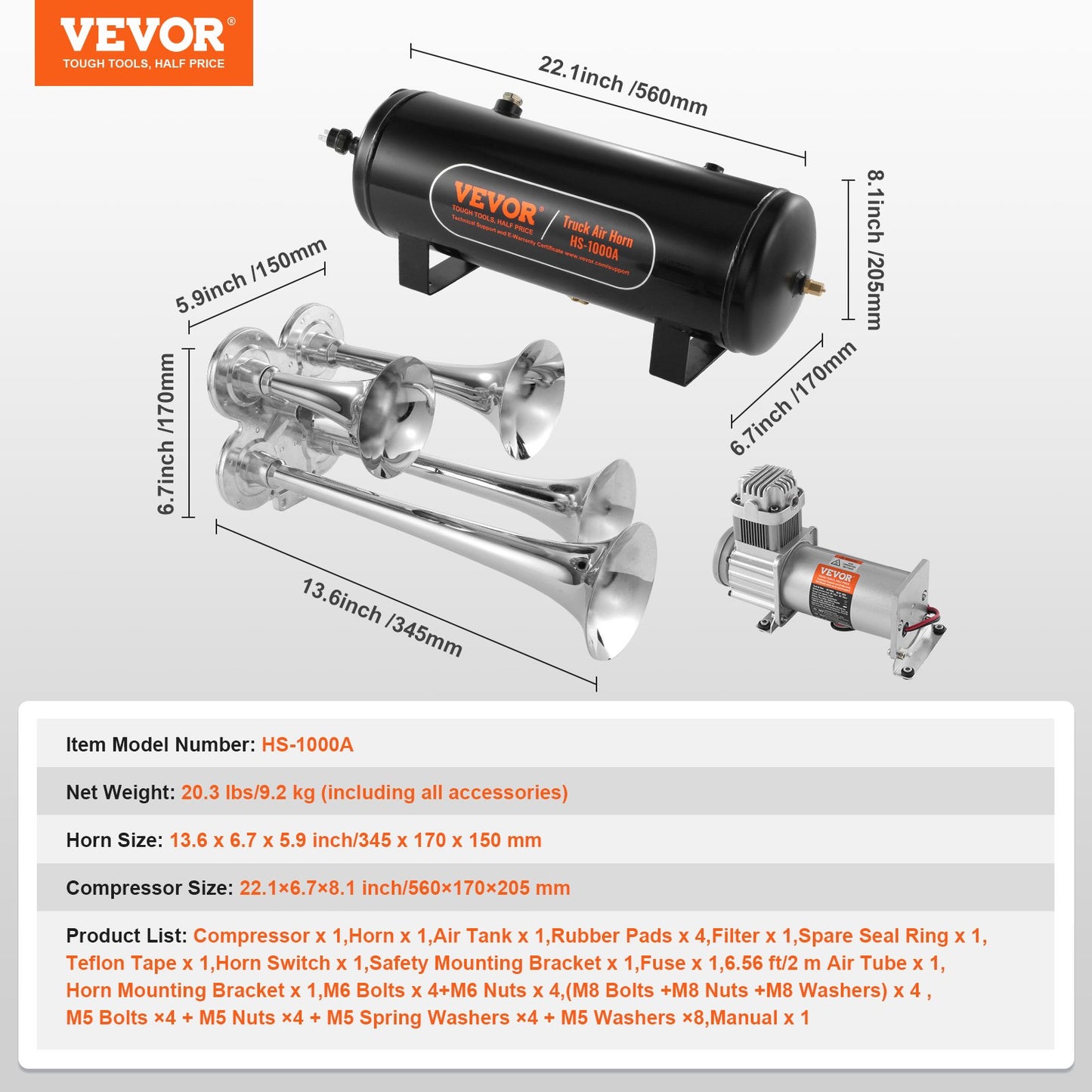 VEVOR Train Horns Kit, 4 Trumpet Air Horn Kit, 150dB Train Horns for Pickup Trucks,