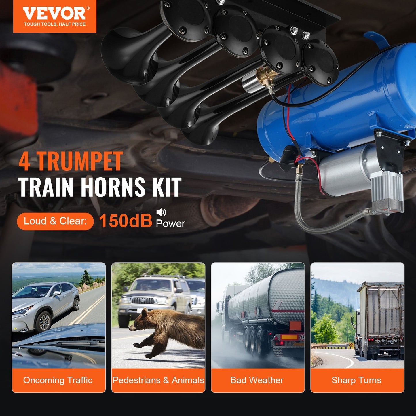 VEVOR Train Horns Kit, 4 Trumpet Air Horn Kit, 150dB Train Horns for Pickup Trucks,