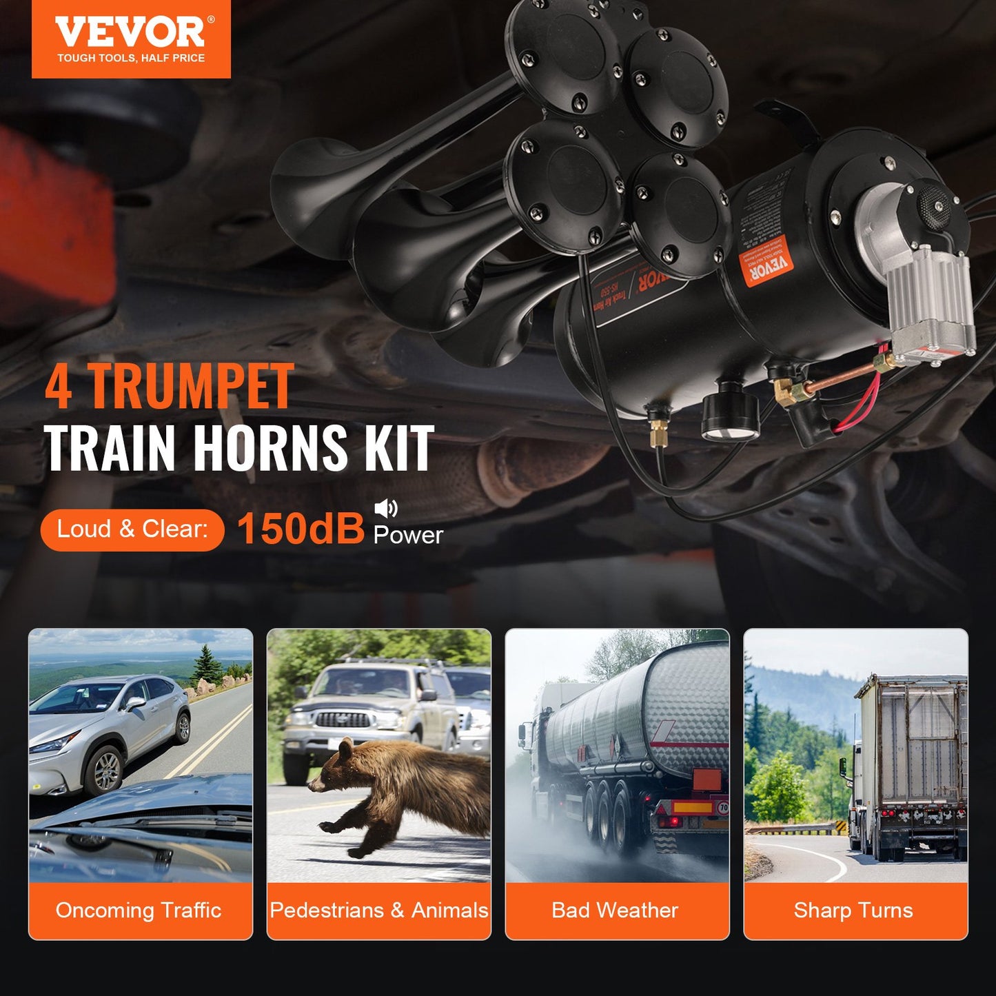 VEVOR Train Horns Kit, 4 Trumpet Air Horn Kit, 150dB Train Horns for Pickup Trucks,