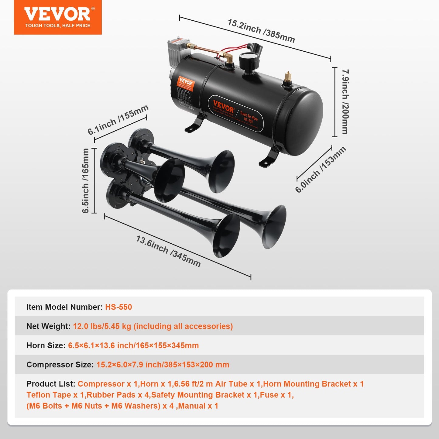 VEVOR Train Horns Kit, 4 Trumpet Air Horn Kit, 150dB Train Horns for Pickup Trucks,