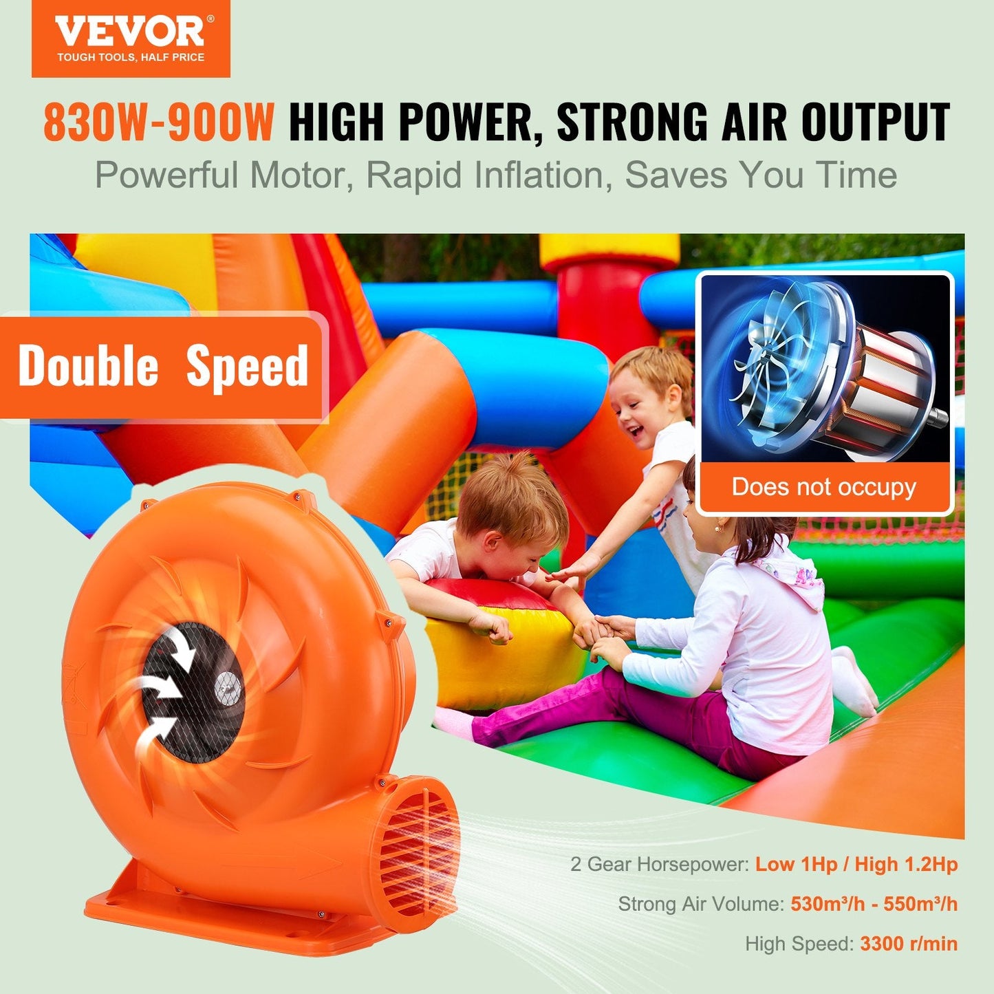 Inflatable Bounce House Air Pump 900W, 3300 RPM, Waterproof & Low-Noise