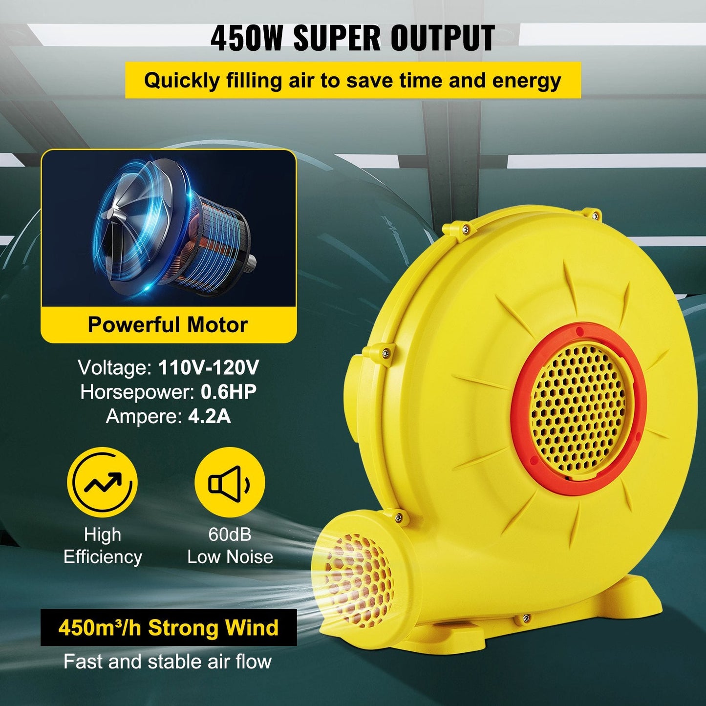 Inflatable Bounce House Air Blower Pump 450W, 0.6HP, 450 m³/h, Yellow
