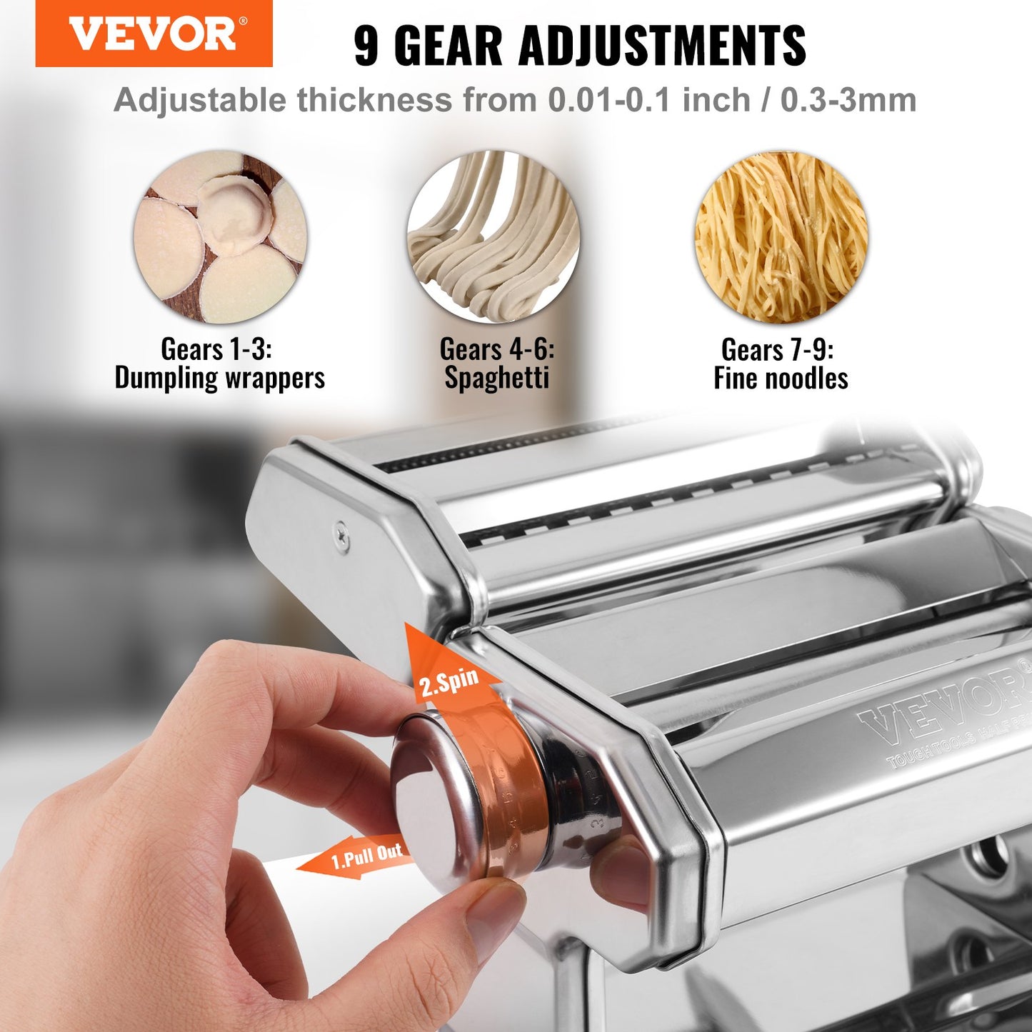 VEVOR Pasta Maker Machine, 9 Adjustable Thickness Settings Noodles Maker, Stainless