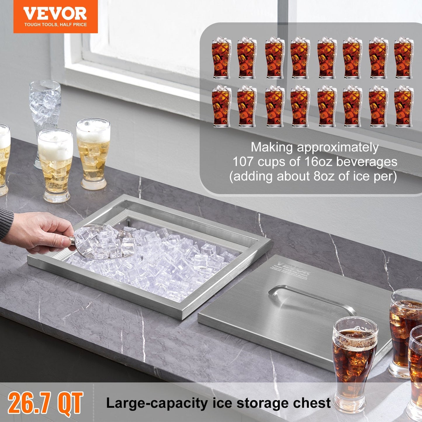 Stainless Steel Ice Chest, 0.35m x 0.3m x 0.46m, 25L, Outdoor Ice Bin with Lid
