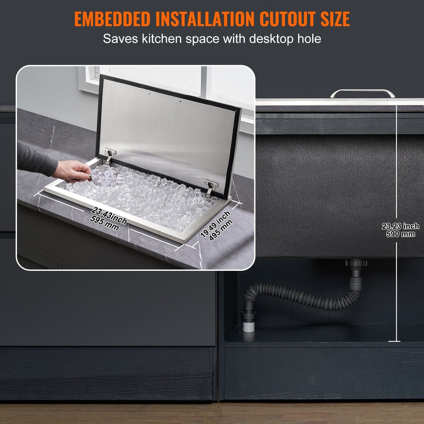Stainless Steel Embedded Ice Chest with Hinged Cover, 78L Capacity, 0.6m x 0.5m