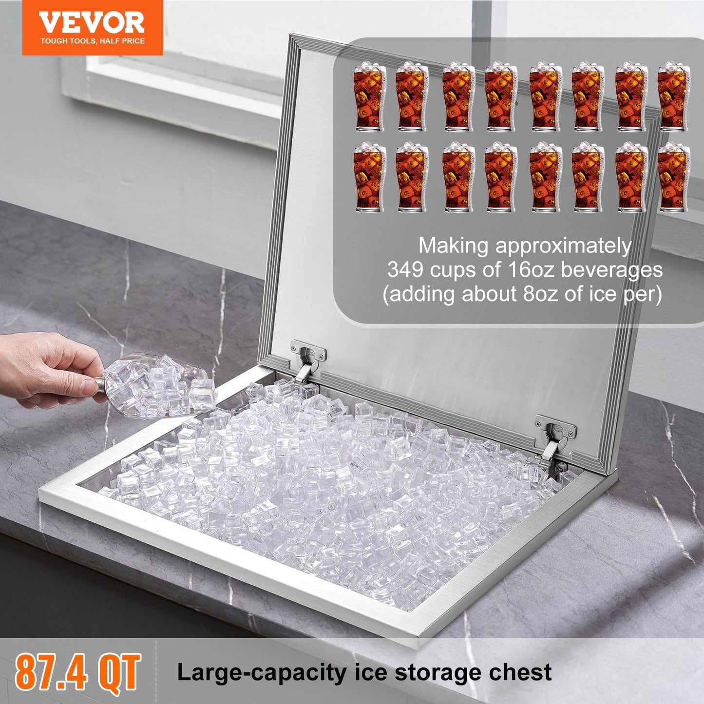 Stainless Steel Drop-In Ice Chest with Hinged Cover, 82.6L Capacity
