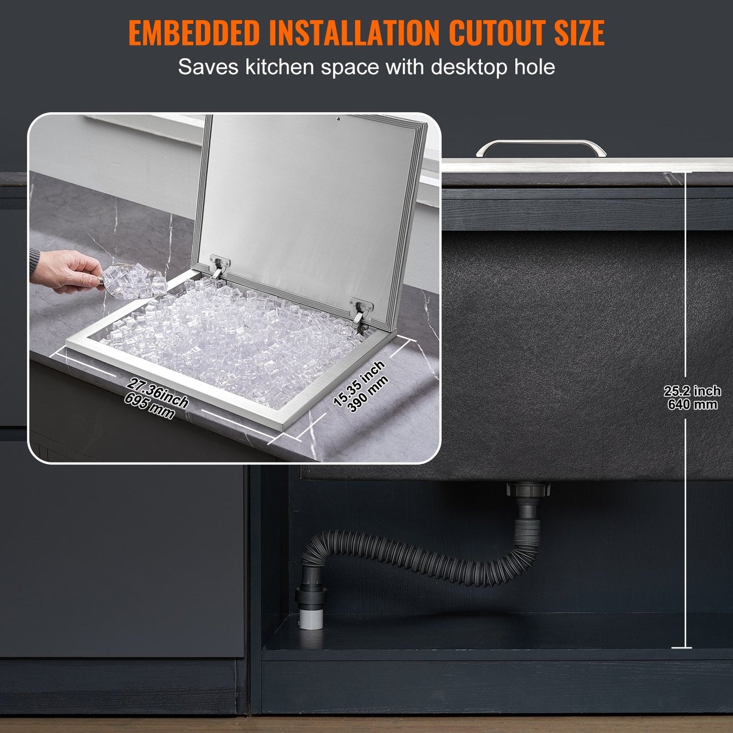 Stainless Steel Drop-In Ice Chest with Hinged Cover, 82.6L Capacity