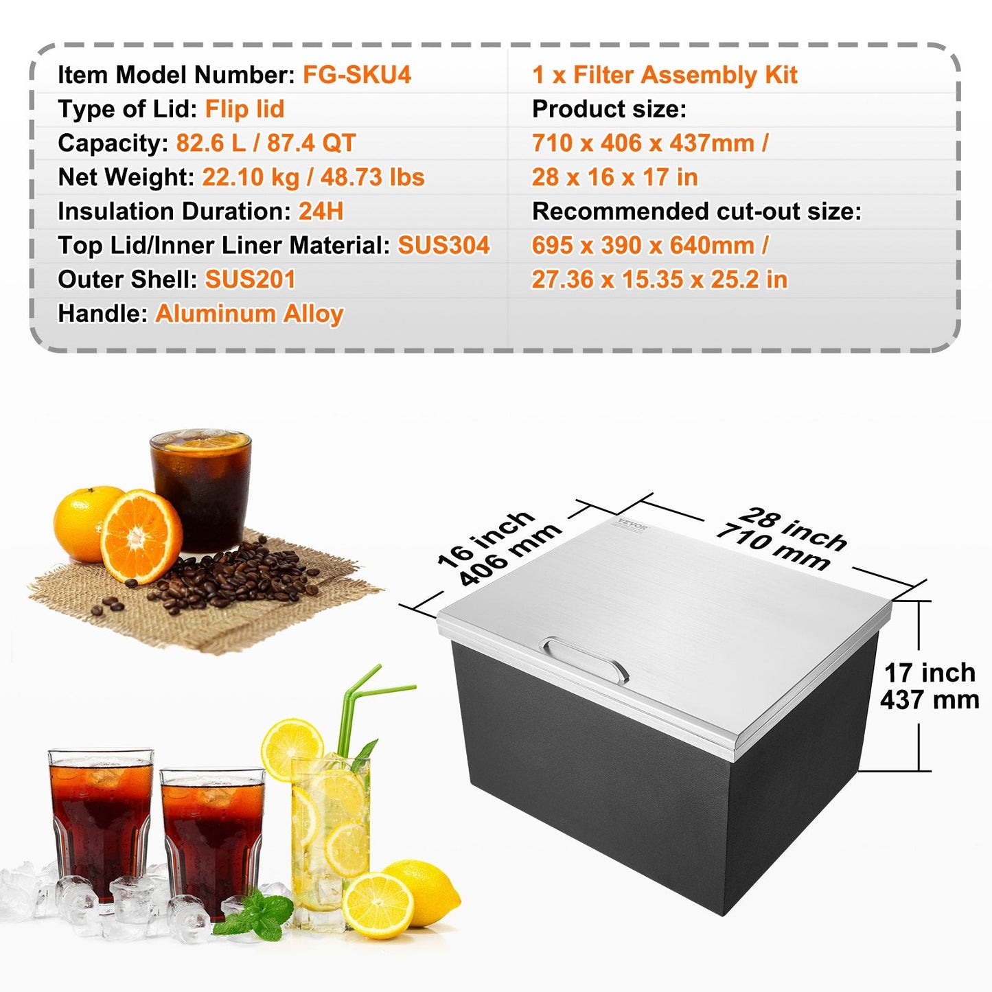 Stainless Steel Drop-In Ice Chest with Hinged Cover, 82.6L Capacity