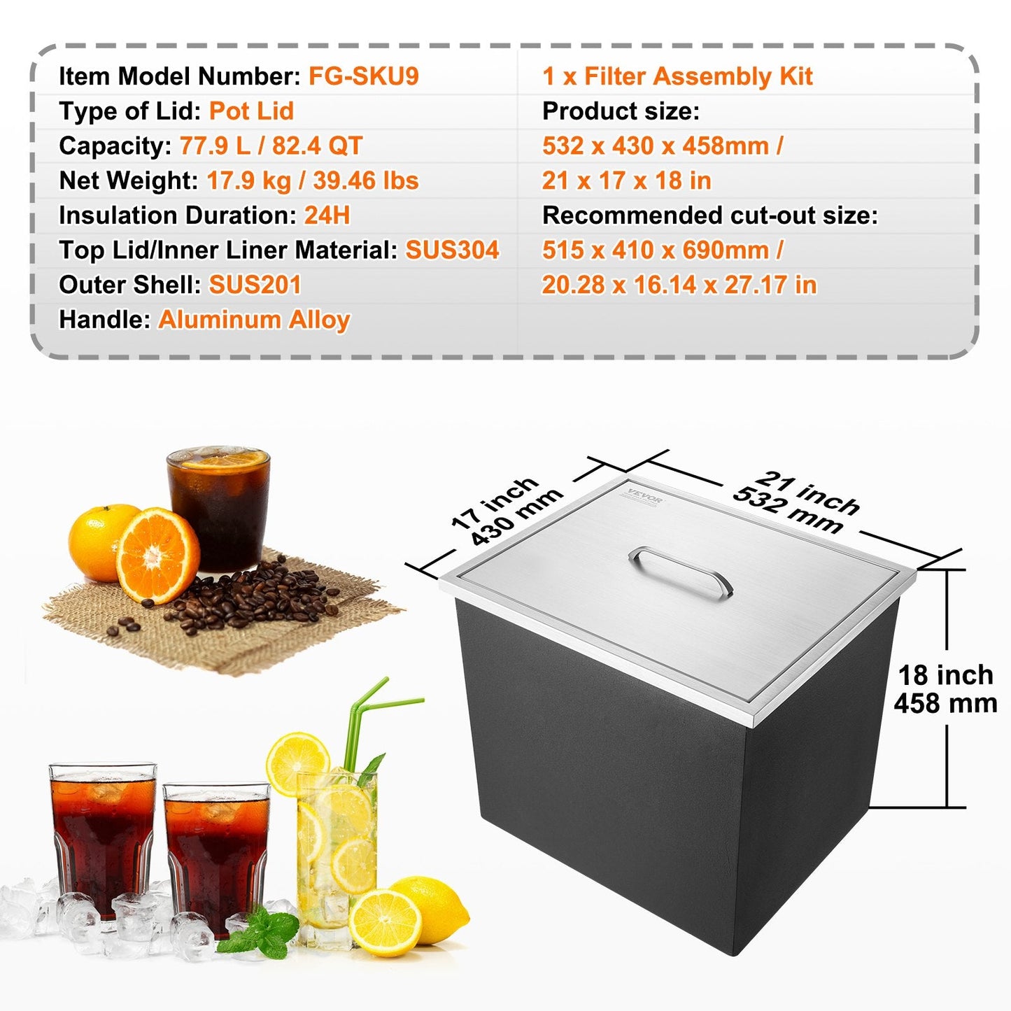Stainless Steel 0.53m x 0.43m x 0.46m Ice Chest with Drain for Outdoor Kitchens