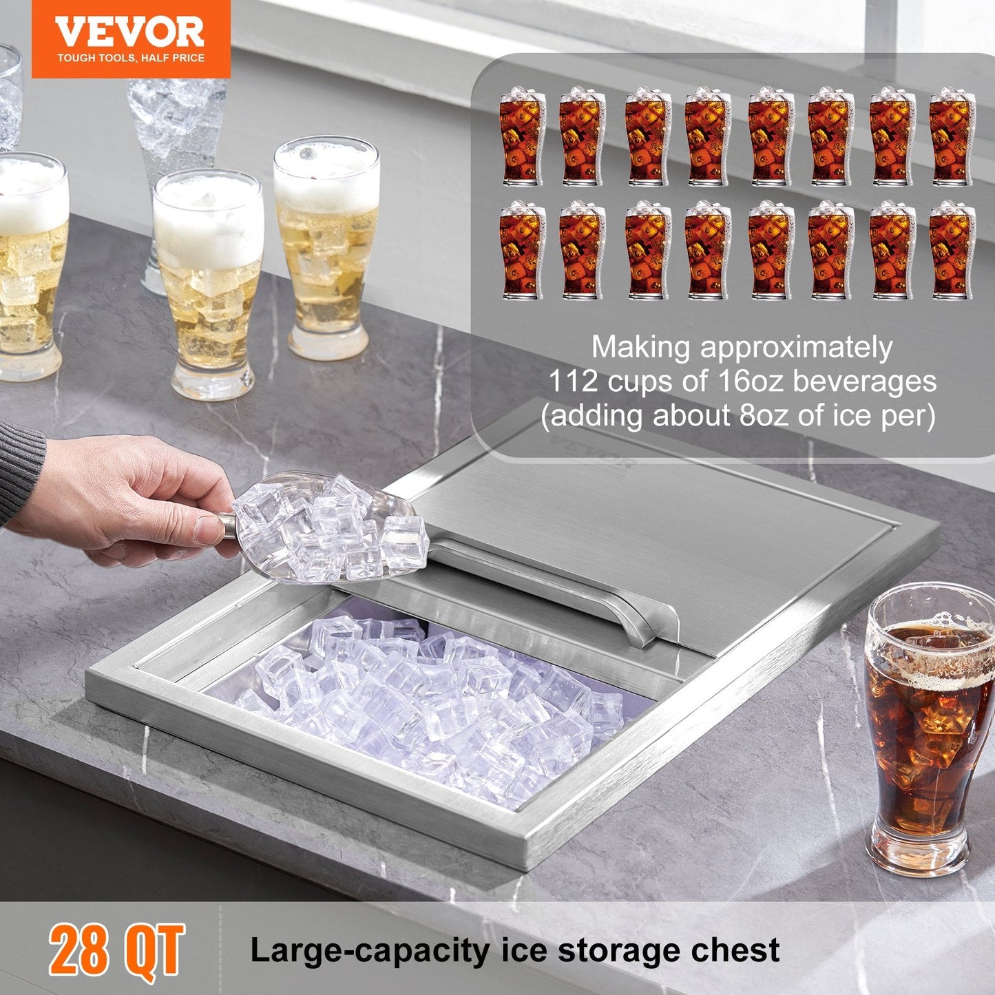 Stainless Steel Ice Chest with Sliding Cover, 0.46m x 0.3m x 0.37m, 26.7L Capacity