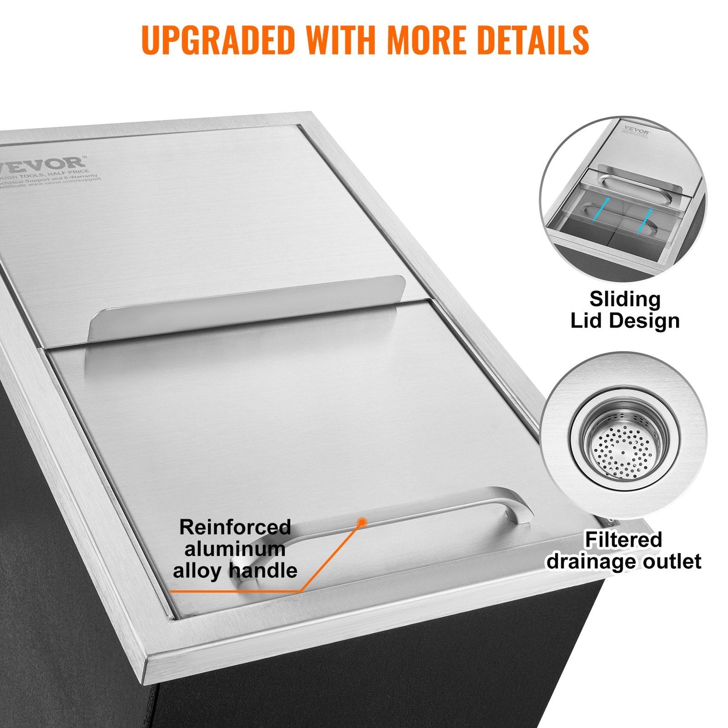 Stainless Steel Ice Chest with Sliding Cover, 0.46m x 0.3m x 0.37m, 26.7L Capacity