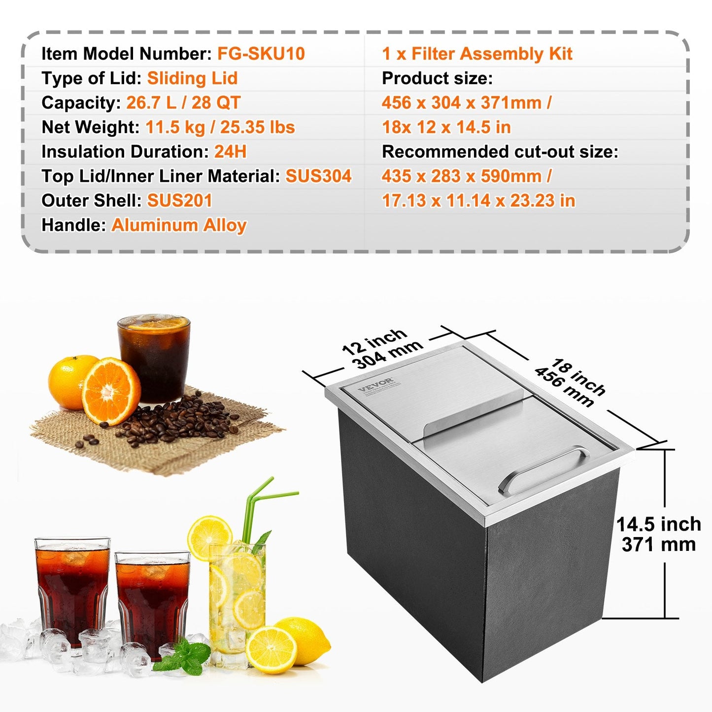 Stainless Steel Ice Chest with Sliding Cover, 0.46m x 0.3m x 0.37m, 26.7L Capacity