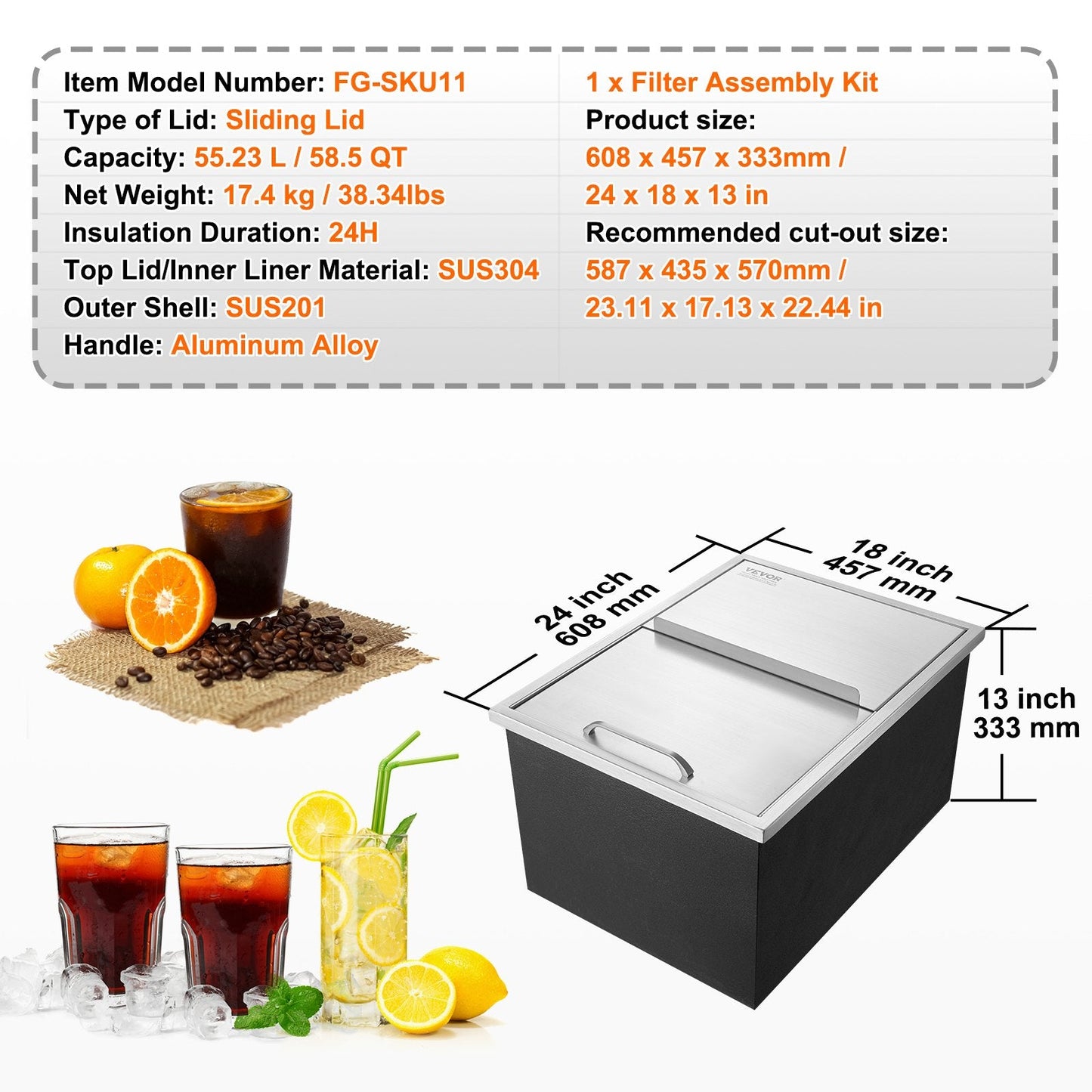 Stainless Steel 0.6m x 0.45m Drop-In Ice Chest with Sliding Cover, 55L Capacity