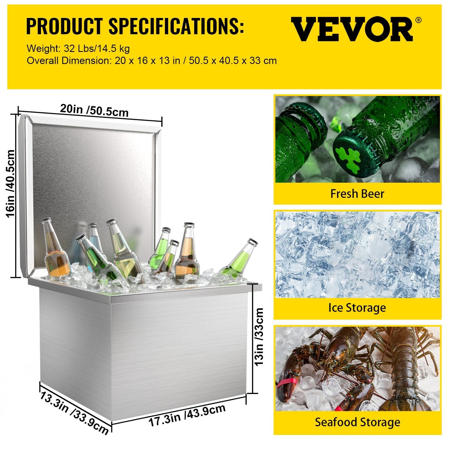 Stainless Steel Drop-in Cooler with Hinged Lid, 45L Capacity, Drain Plug Included
