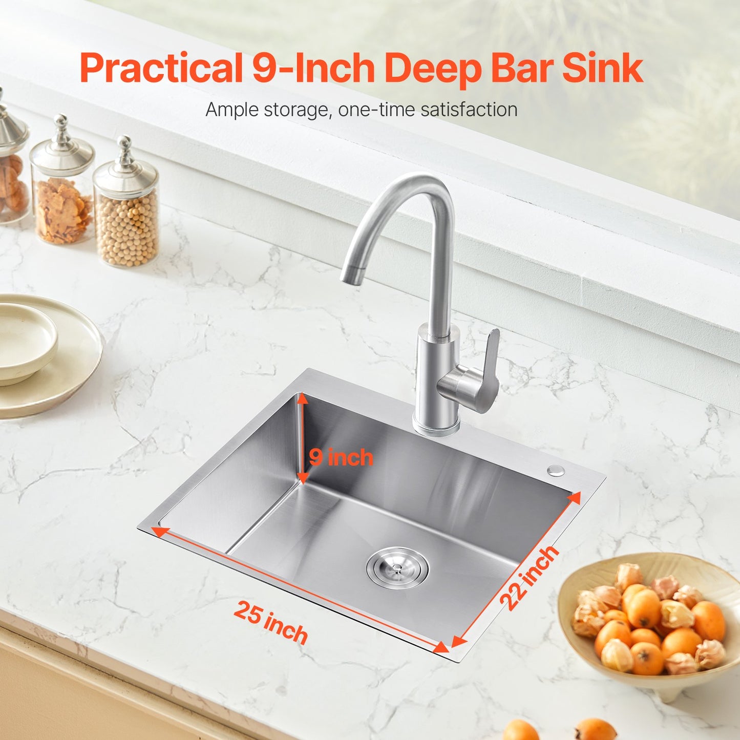 VEVOR 25" Kitchen Sink Top Mount Single Bowl Drop-In Basin Stainless Steel Bar