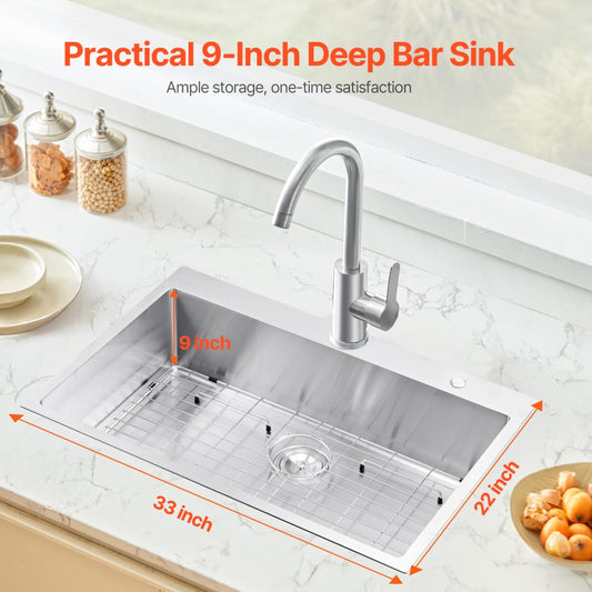 VEVOR 33" Kitchen Sink Top Mount Single Bowl Drop-In Basin Stainless Steel Bar