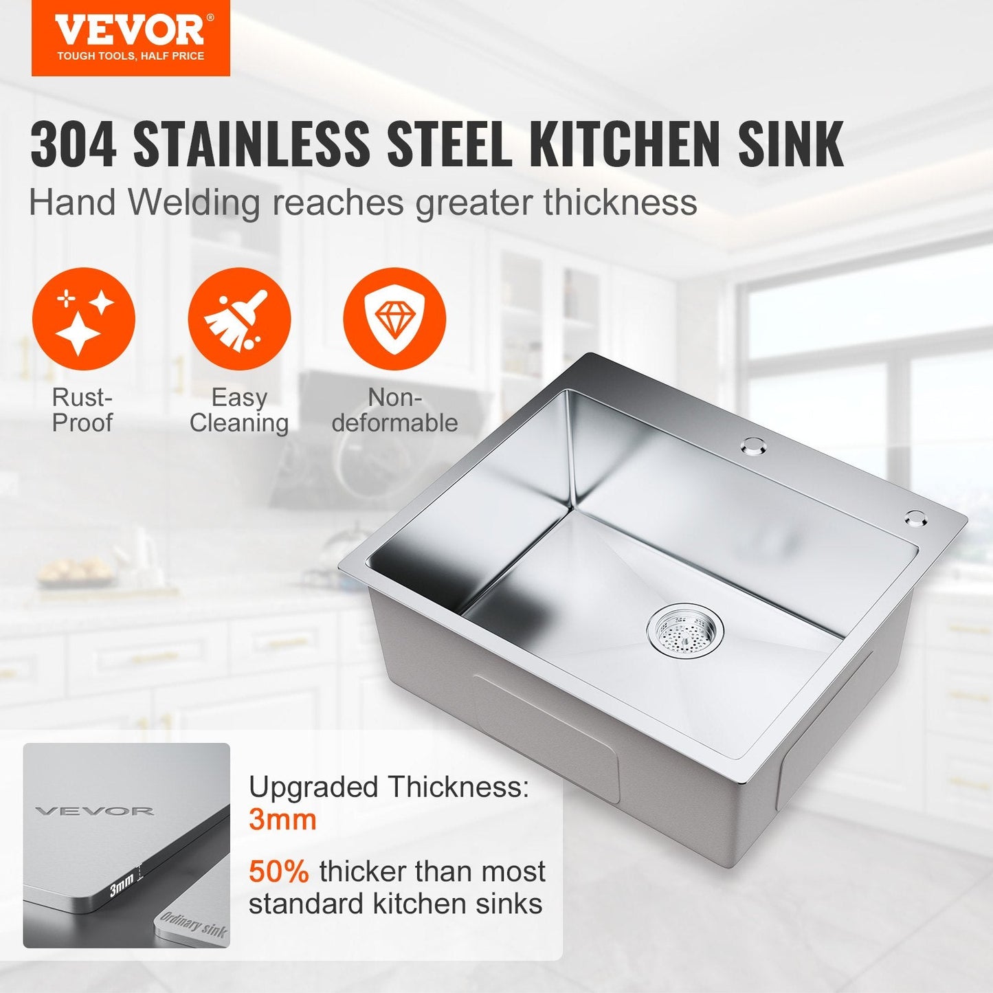 Stainless Steel Top Mount Sink, 0.63m x 0.56m, Single Bowl with Accessories (2-Pack)