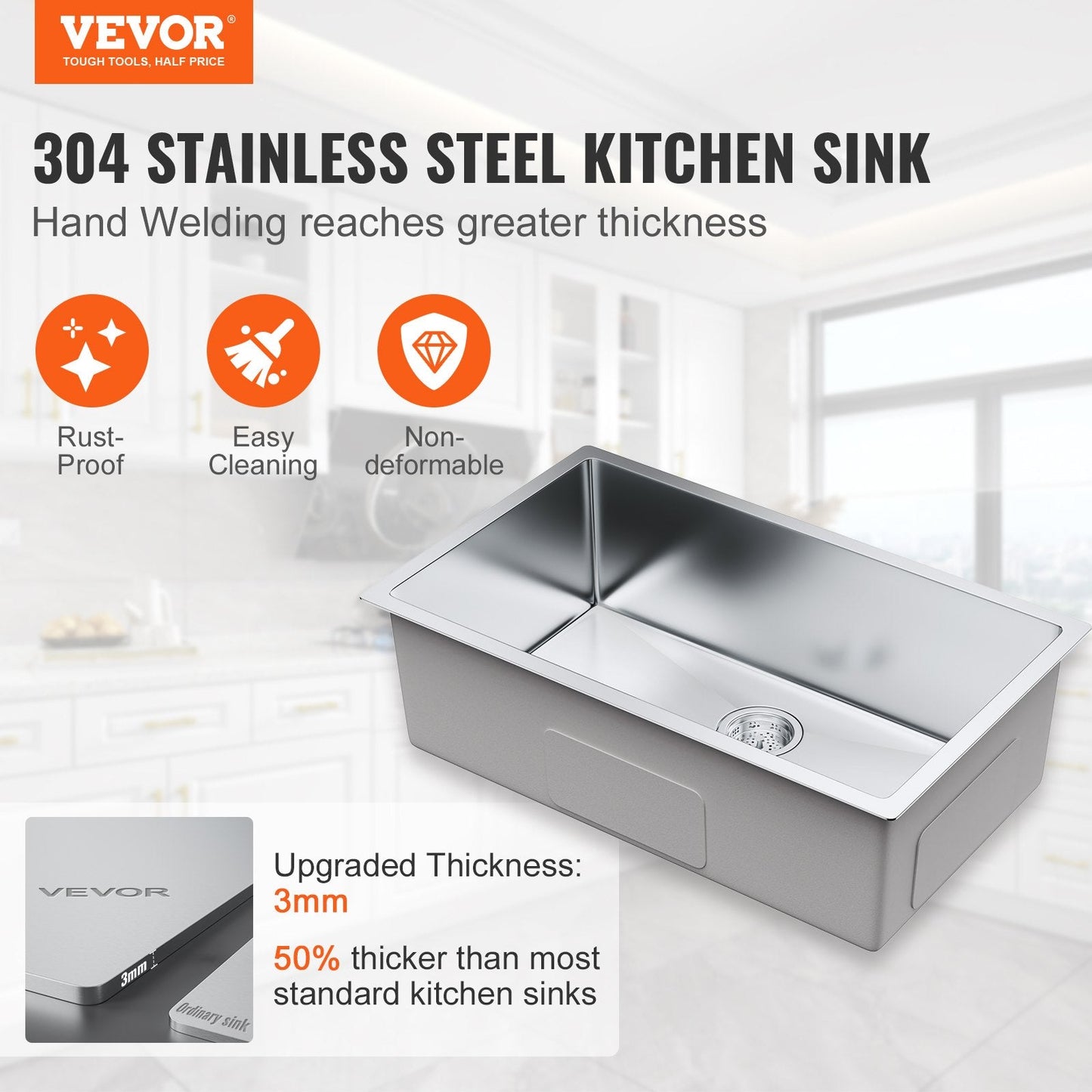 Stainless Steel Undermount Single Bowl Kitchen Sink with Accessories, 0.76m