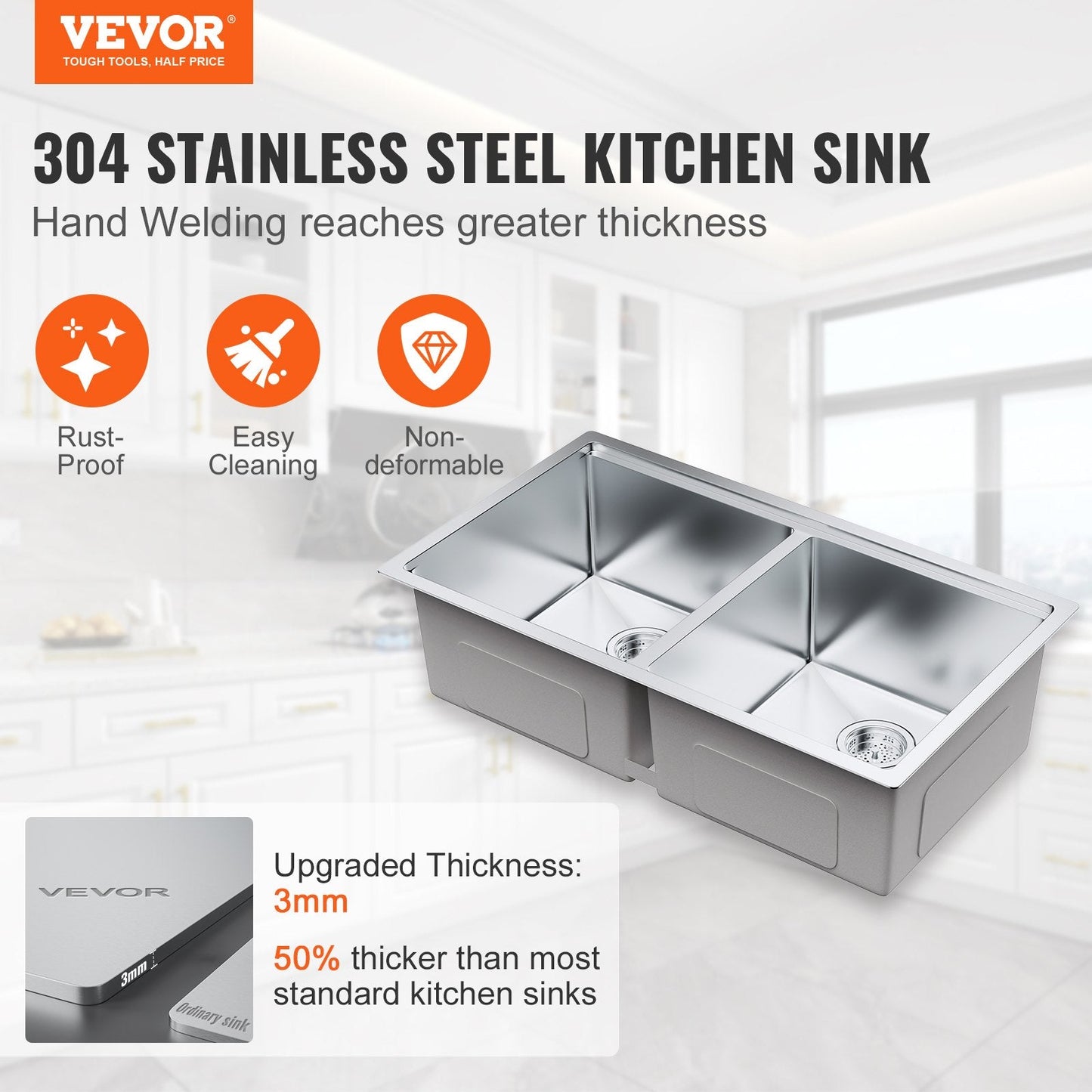 Stainless Steel Undermount Double Basin Sink with Ledge, 0.84m x 0.48m