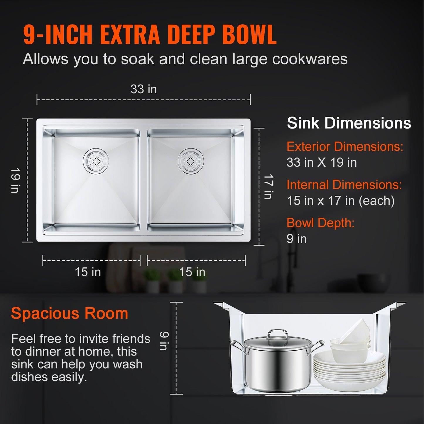 Stainless Steel Undermount Double Basin Sink with Ledge, 0.84m x 0.48m