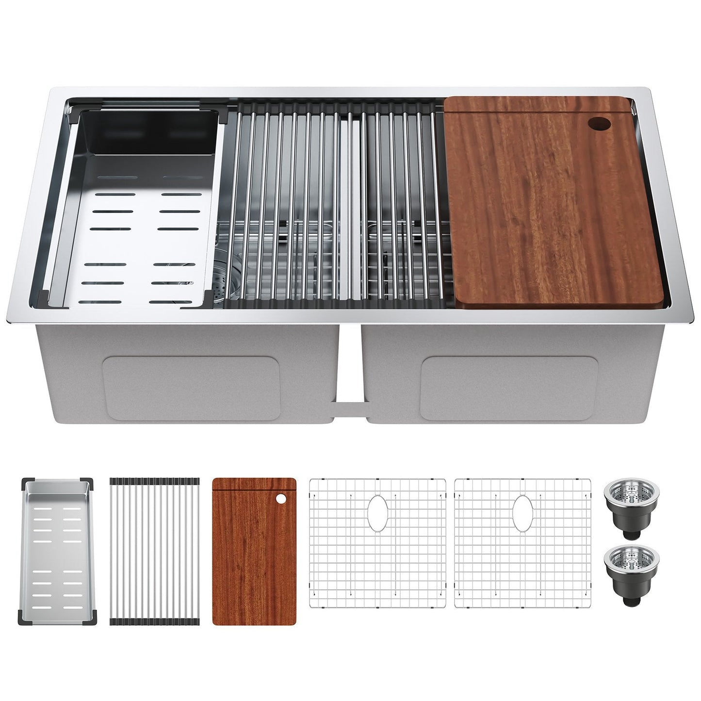 Stainless Steel Undermount Double Basin Sink with Ledge, 0.84m x 0.48m