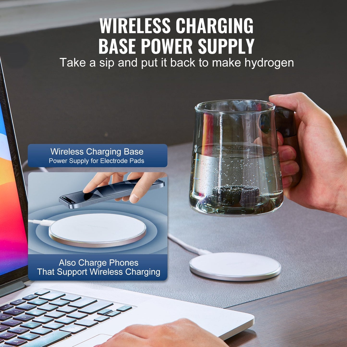 Portable Hydrogen Water Generator with Wireless Charging, 400 ml Glass Cup