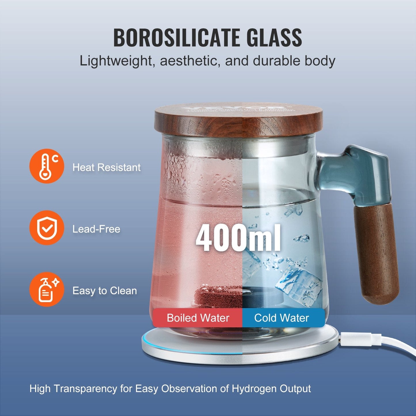 Portable Hydrogen Water Generator with Wireless Charging, 400 ml Glass Cup