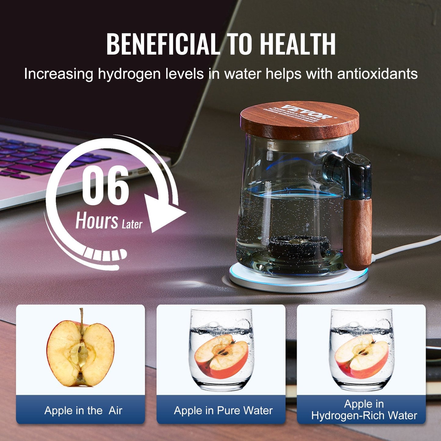 Portable Hydrogen Water Generator with Wireless Charging, 400 ml Glass Cup
