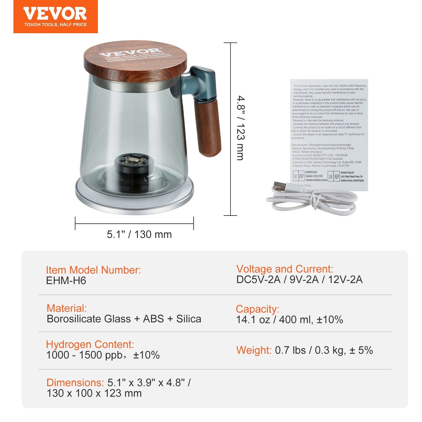 Portable Hydrogen Water Generator with Wireless Charging, 400 ml Glass Cup
