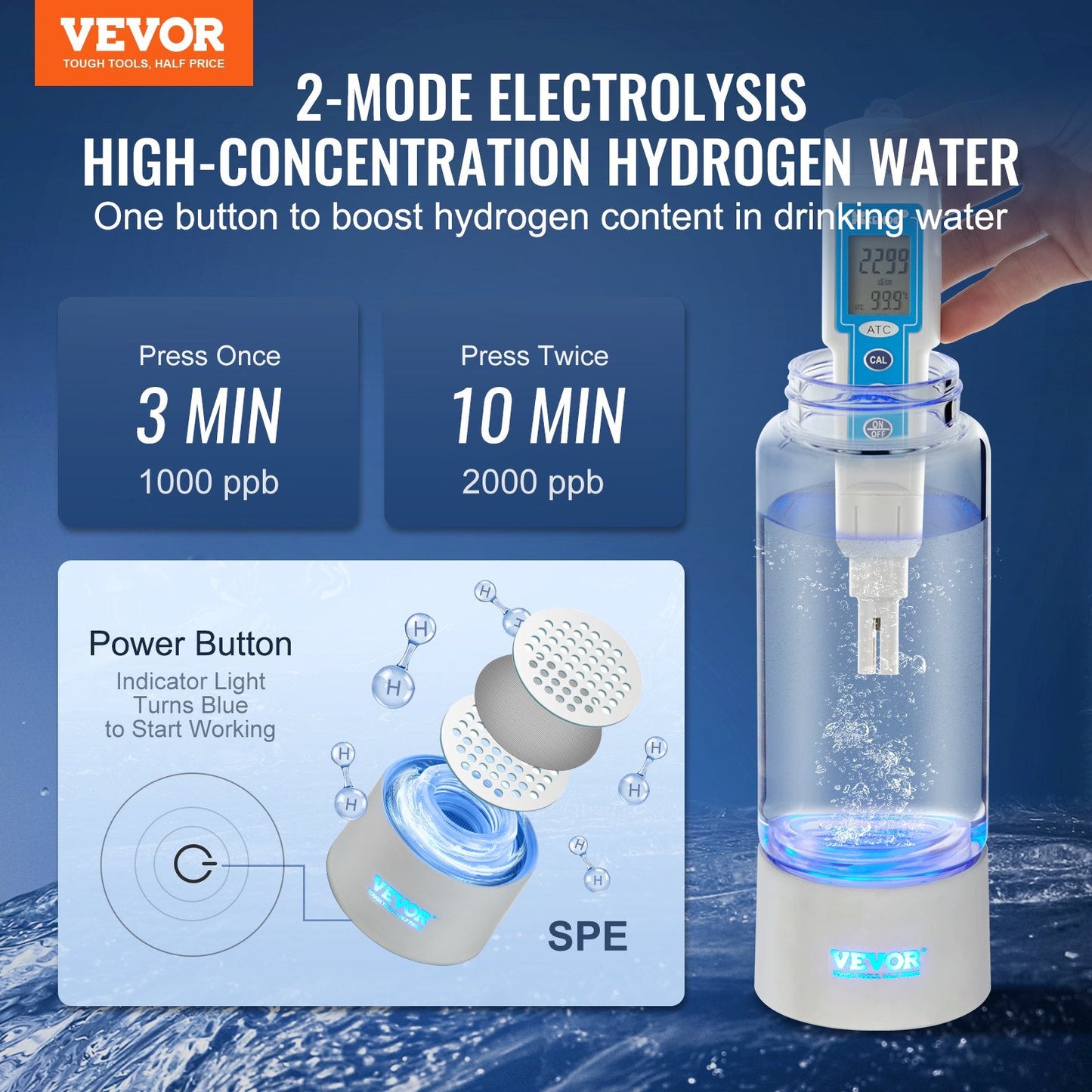 Portable Hydrogen Water Bottle Generator, 380ml, SPE Tech, Self-Cleaning, 0.47kg