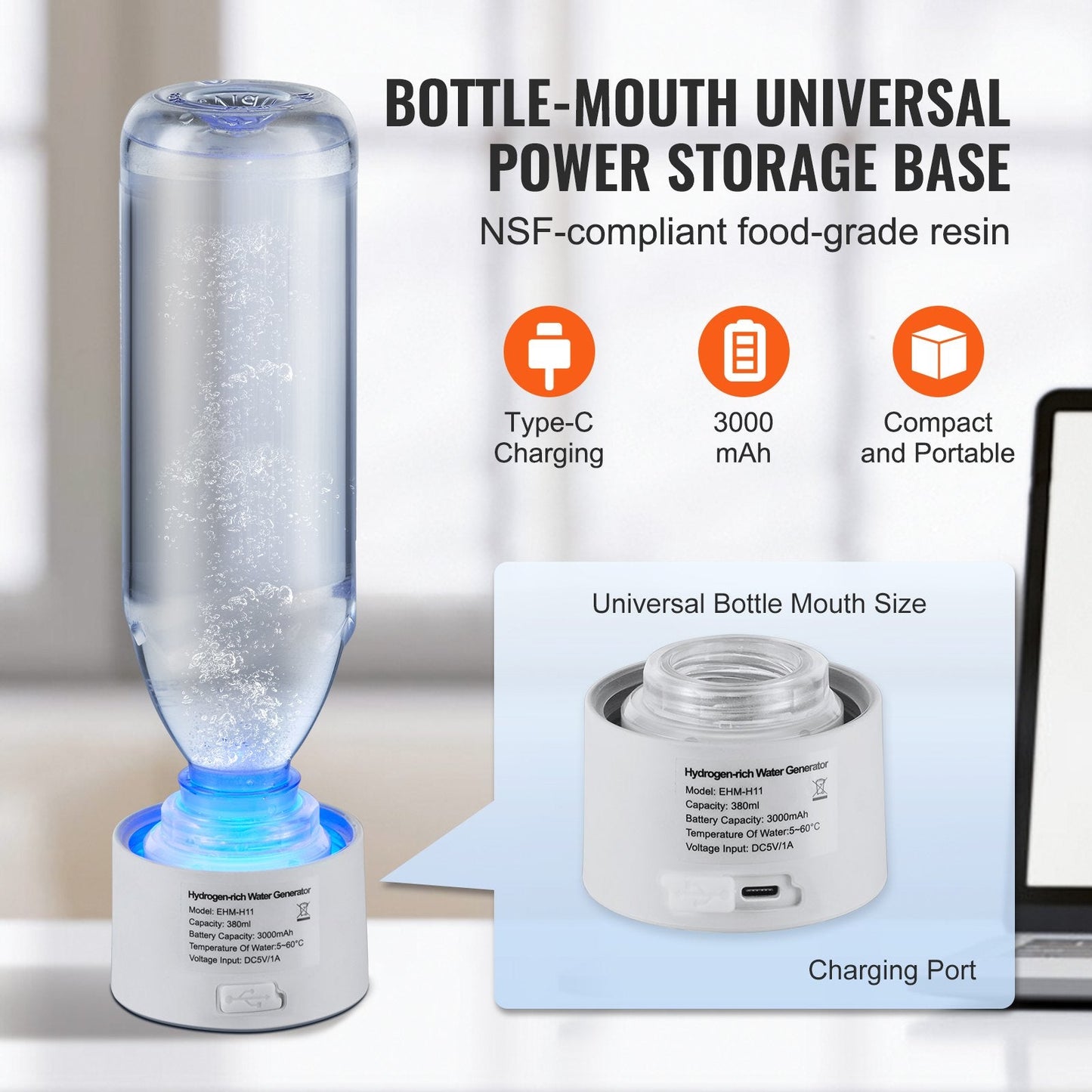 Portable Hydrogen Water Bottle Generator, 380ml, SPE Tech, Self-Cleaning, 0.47kg