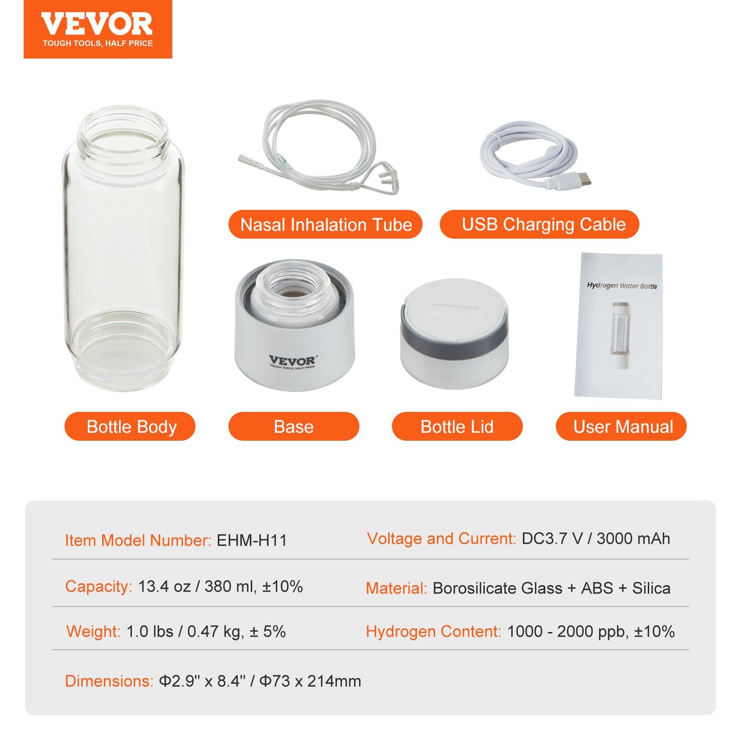 VEVOR Hydrogen Water Bottle Generator, 380 ml / 13.4 oz Capacity Portable Hydrogen