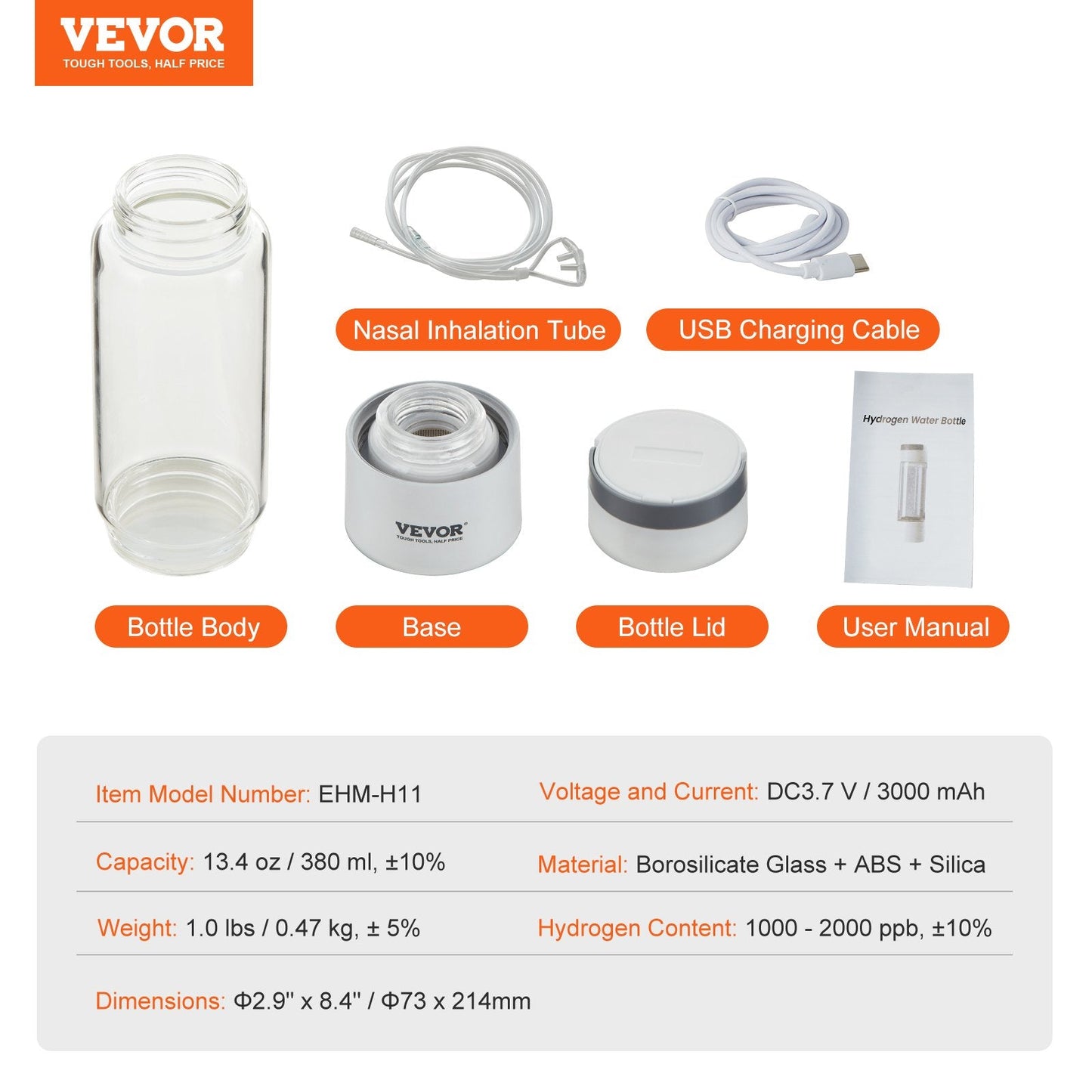 Portable Hydrogen Water Bottle Generator, 380ml, SPE Tech, Self-Cleaning, 0.47kg